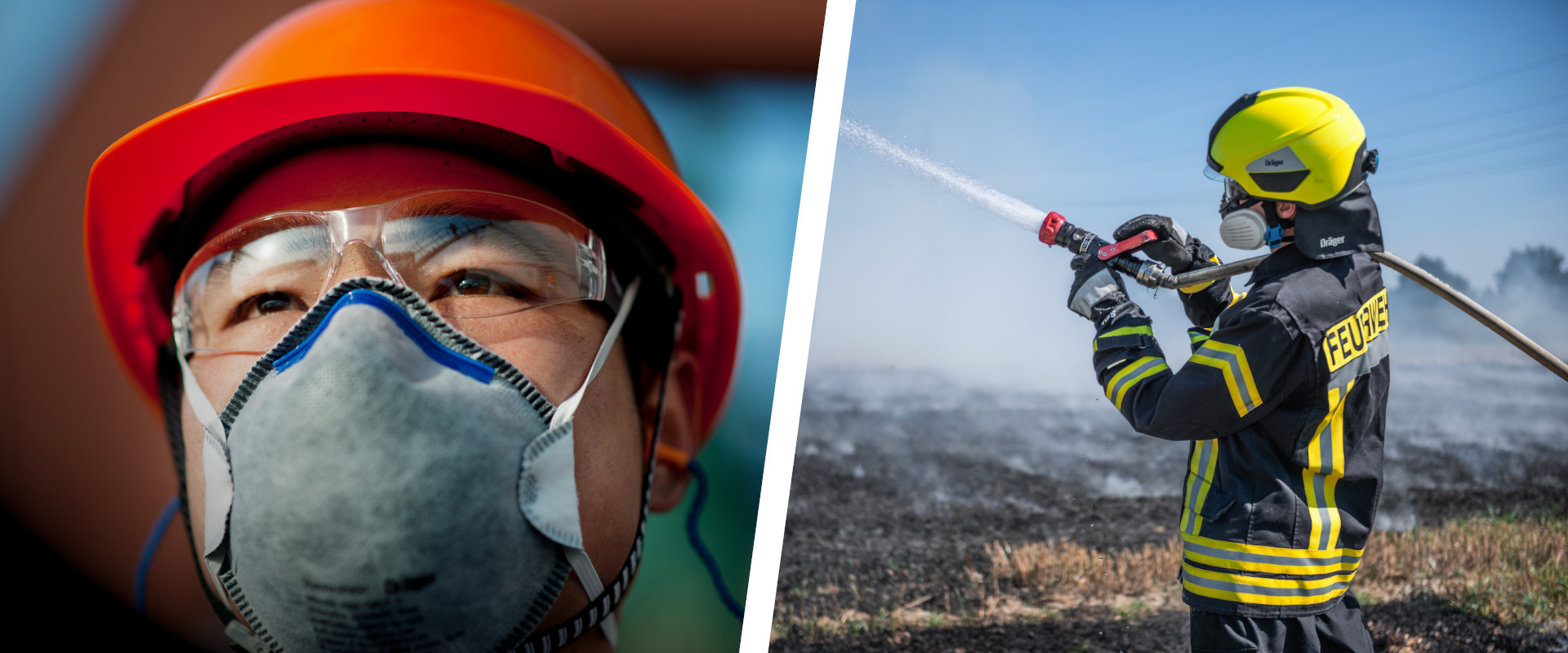 Dräger Prodkte im Einsatz - Helm, Brille und Schutzmaske angezogen